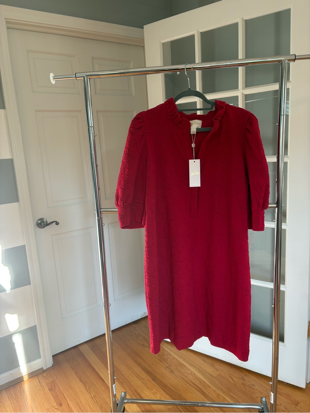 Lilly Pulitzer Red Textured Puff-Sleeve Midi Dress